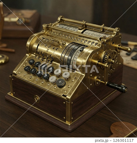 スチームパンク風な機械式計算機。手回し計算機・レジスター スチームパンク風な機械式計算機。手回し計算機・レジスター 126301117