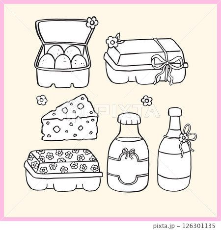 Cute Coquette Girly Farmers Market Dairy Produce Outline Clipart Set, Hand Drawn Milk, Egg, Cheese Doodle Illustrations 126301135