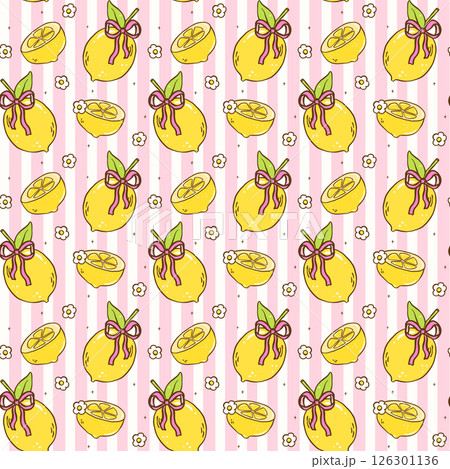 Cute Coquette Lemon with pink ribbon bow Seamless Pattern, Girly Retro Preppy wallpaper. 126301136