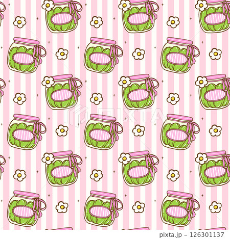 Cute Coquette Seamless Pattern Cucumbers Pickled Jar with pink ribbon bow, Girly Retro Preppy wallpaper. 126301137