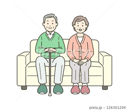老夫婦が並んでソファに座っている全身イラスト 老夫婦が並んでソファに座っている全身イラスト 126301204