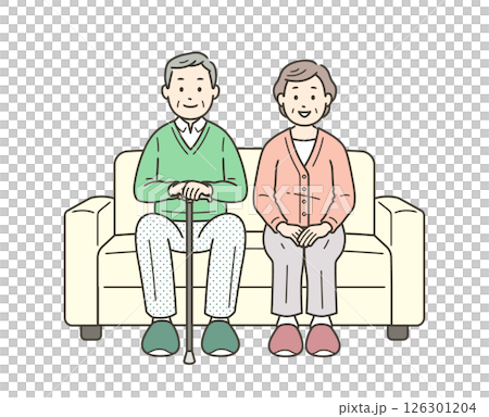 老夫婦が並んでソファに座っている全身イラスト 老夫婦が並んでソファに座っている全身イラスト 126301204
