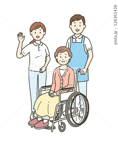 車椅子に座る高齢女性と介助をする介護士男女のイラストセット 126301436
