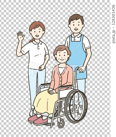 車椅子に座る高齢女性と介助をする介護士男女のイラストセット 126301436