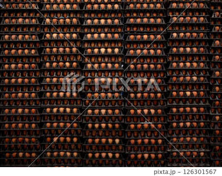 Pile stacks of brown eggs in trays from an agricultural egg farm factory. For wholesale market. Pile stacks of brown eggs in trays from an agricultural egg farm factory. For wholesale market. 126301567