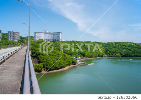 鳥羽パールロード 的矢湾大橋から眺めるリゾートホテルと的矢湾 鳥羽パールロード 的矢湾大橋から眺めるリゾートホテルと的矢湾 126302066