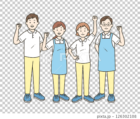 ガッツポーズをする介護士男女4人の全身イラスト 126302108