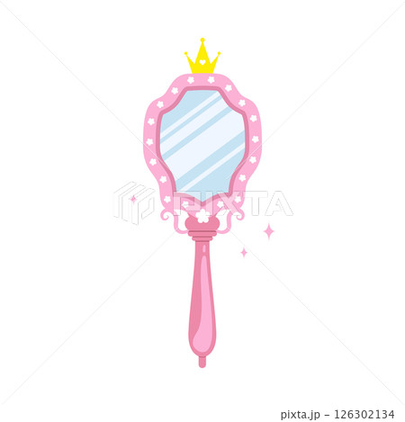 Princess mirror. Elegant handheld mirror with gold crown. Beauty tale. Teen and child girl self care accessory. Vector illustration in flat cartoon style Princess mirror. Elegant handheld mirror with gold crown. Beauty tale. Teen and child girl self care accessory. Vector illustration in flat cartoon style 126302134