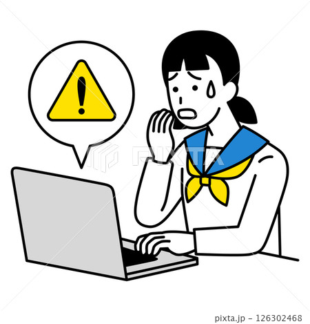 ノートパソコンにエラーマークが表示されて困る女子学生 ノートパソコンにエラーマークが表示されて困る女子学生 126302468