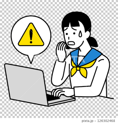 ノートパソコンにエラーマークが表示されて困る女子学生 ノートパソコンにエラーマークが表示されて困る女子学生 126302468