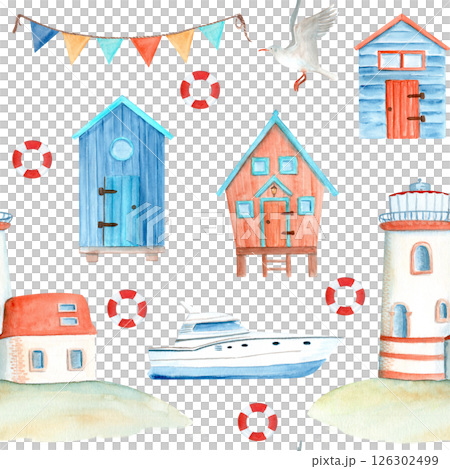 Yacht, lifebuoy, plank cabins and lighthouse watercolor seamless pattern on white. Hand painted art perfect for summer-themed fabric, beachwear, home decor, branding for coastal boutiques stationary 126302499