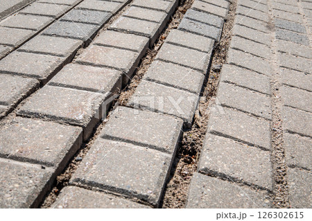 Close-up of Paved Surface with Cracks and Weeds Growing Between Stones 126302615