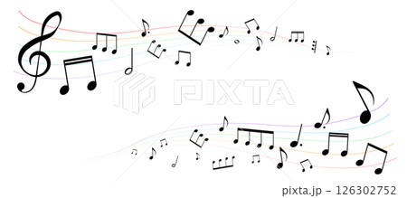 遠近感のある楽譜のフレームイラスト　虹色の五線譜　背景イラスト　音符、休符、音楽記号のイラスト 126302752