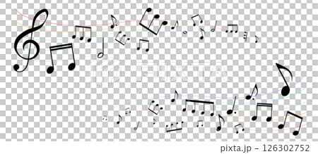 遠近感のある楽譜のフレームイラスト　虹色の五線譜　背景イラスト　音符、休符、音楽記号のイラスト 126302752