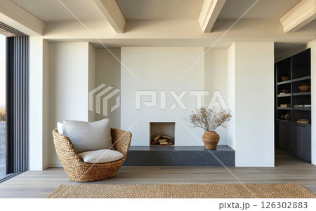 Cozy interior of a modern living space featuring a decorative fireplace and stylish furniture 126302883