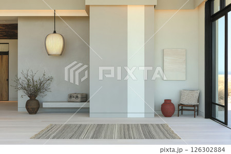 Modern minimalist interior design with natural elements in a spacious living area 126302884