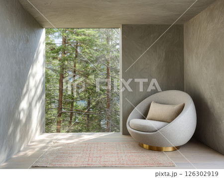 Modern minimalist chair in a nature-inspired room overlooking a forest view 126302919