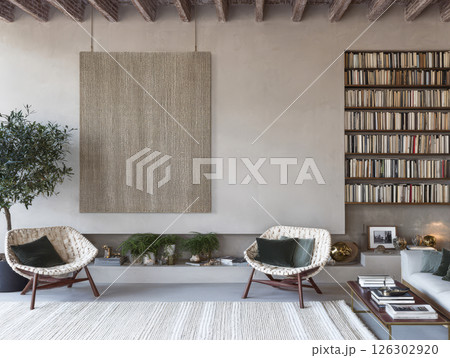 Modern living room design featuring unique decor elements and cozy seating 126302920