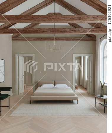 Modern minimalist bedroom design featuring wooden beams and natural light Modern minimalist bedroom design featuring wooden beams and natural light 126302921