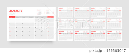 Monthly calendar layout for 2026. Planner diary. 126303047