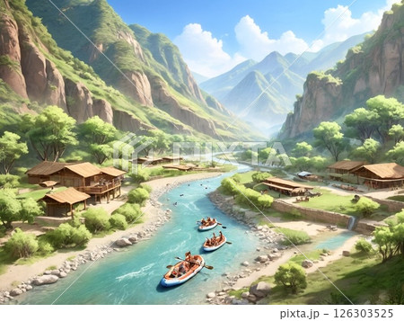 アジアの秘境の集落と小舟-2 126303525