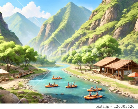 山奥の秘境で川遊びをする人々 126303526