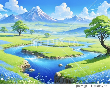新緑の平原とネモフィラ畑-4 126303746