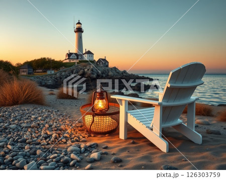 Peaceful Coastal Sunset with Lighthouse and Beach Chair 126303759