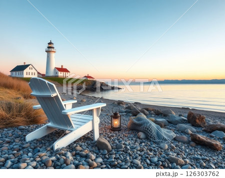 Peaceful Coastal Sunset with Lighthouse and Beach Chair Peaceful Coastal Sunset with Lighthouse and Beach Chair 126303762