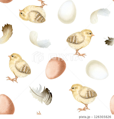 Cute baby chicks with chicken eggs and feathers watercolor seamless pattern on white. Farm birds for Easter repeat backgrounds or village designs. Fall domestic animals for textile and kids clothes 126303826