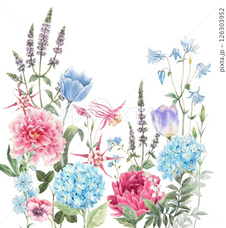 Botanical Summer Garden, Watercolor hand drawn Flowers and Herbs with Peonies 126303952