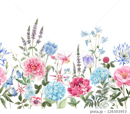 Watercolor Wildflower Border, Delicate Floral Herbs with Peonies, Meadow Seamless hand drawn Pattern Watercolor Wildflower Border, Delicate Floral Herbs with Peonies, Meadow Seamless hand drawn Pattern 126303953
