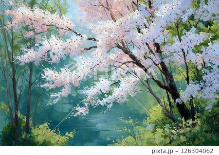 桜のある風景　AI画像 126304062