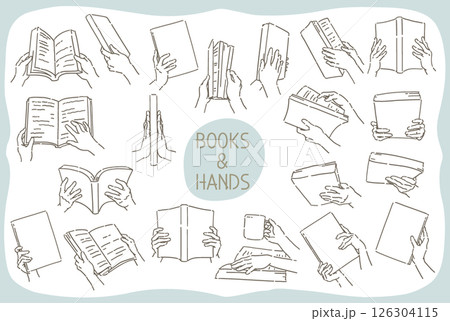 本を読む、開く、持つ手などのイラスト素材セット。シンプルタッチ、ベクターイラスト素材。 本を読む、開く、持つ手などのイラスト素材セット。シンプルタッチ、ベクターイラスト素材。 126304115