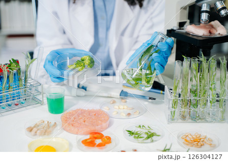 Food science as lab scientists test and analyze vegetables for safety and quality using advanced technology 126304127