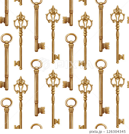Seamless pattern with gold carved keys decorated with monograms. Retro style, royal atmosphere. Vintage decorations for doors and locks, Gothic, Victorian and classical styles 126304345