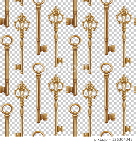 Seamless pattern with gold carved keys decorated with monograms. Retro style, royal atmosphere. Vintage decorations for doors and locks, Gothic, Victorian and classical styles 126304345