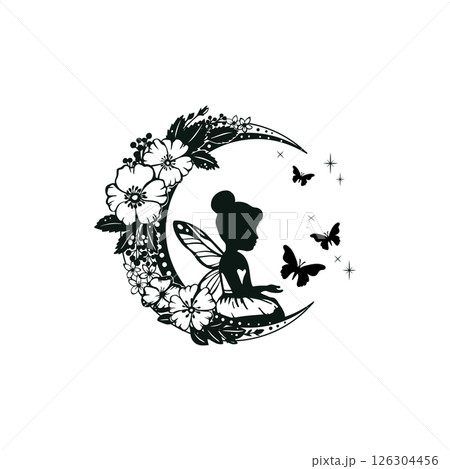 Silhouette of a fairy with flowers and moon. Silhouette of a fairy with flowers and moon. 126304456