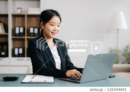 Cyber security concept, Login, User, identification information security and encryption, secure access to user's personal information woman using smart phone and tablet 126304691