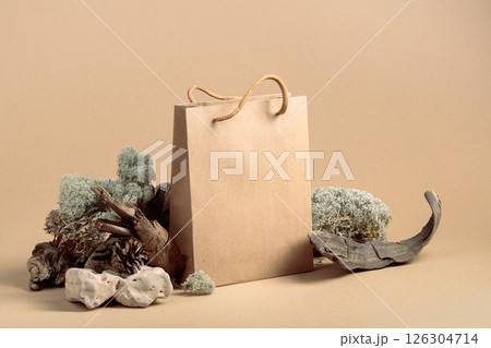 Paper bag and natural dry snags and moss. Paper bag and natural dry snags and moss. 126304714