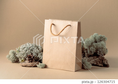 Paper bag and natural dry snags and moss. Paper bag and natural dry snags and moss. 126304715