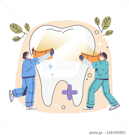 Teeth whitening oral or mouth procedure. Vector sign for dental brightening and tooth enamel cleaning, cosmetic oral care. Bleaching and stain maintenance. Medical dentistry people characters. Clinic. Teeth whitening oral or mouth procedure. Vector sign for dental brightening and tooth enamel cleaning, cosmetic oral care. Bleaching and stain maintenance. Medical dentistry people characters. Clinic. 126305001