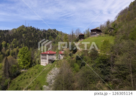 Footage of an old, historical mansion in the forest, among the trees. Footage of an old, historical mansion in the forest, among the trees. 126305114
