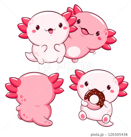 Set of axolotl in kawaii style. Lovely axolotl baby in different poses. Cute axolotl expression sheet collection. Can be used for t-shirt print, sticker, greeting card. Vector illustration EPS8 126305436