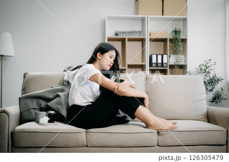 woman sit Depression Dark haired  pensive glance Standing by window and anxiety Copy space. 126305479