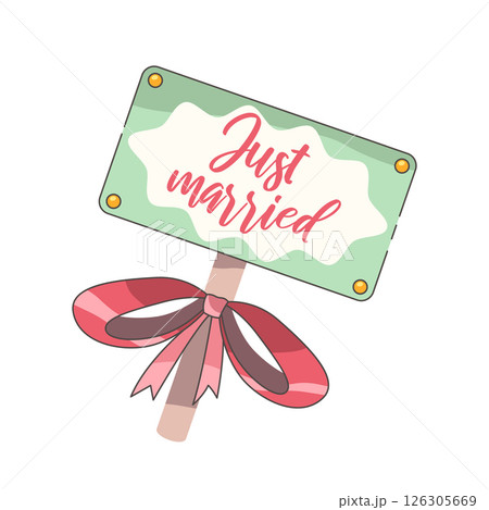 Wedding car plate with Just Married sign. Vector romantic and festive decoration for the getaway vehicle. Marriage symbol design with ribbon. Clipart for love and honeymoon announcement. Automobile. 126305669