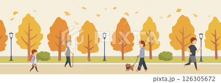 イチョウ並木と通行人のバナー背景 126305672
