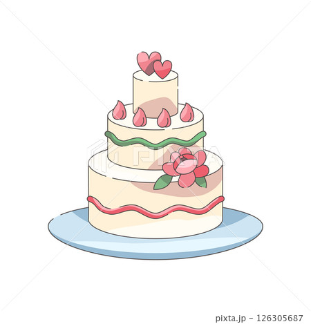 Tiered wedding cake with flower and heart. Vector confectionary with floral decoration. Romantic dessert for nuptial celebration. Greeting or invitational card element. Holiday, celebration. Marriage. 126305687