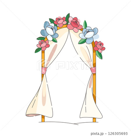 Wedding altar with floral decorations for a romantic ceremony. Vector arch adorned with flowers. Symbol of love and unity. Bride and groom backdrop. Marriage celebration or holiday element. Romance. Wedding altar with floral decorations for a romantic ceremony. Vector arch adorned with flowers. Symbol of love and unity. Bride and groom backdrop. Marriage celebration or holiday element. Romance. 126305693