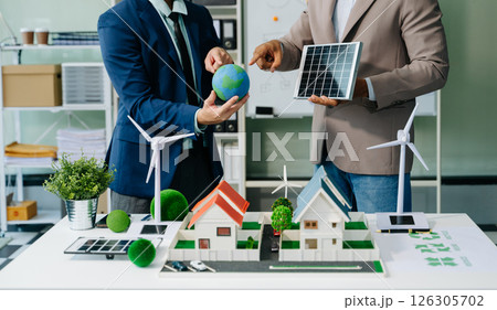 business team people planning and discussing on recycle reduce reuse policy symbol in office meeting room 126305702